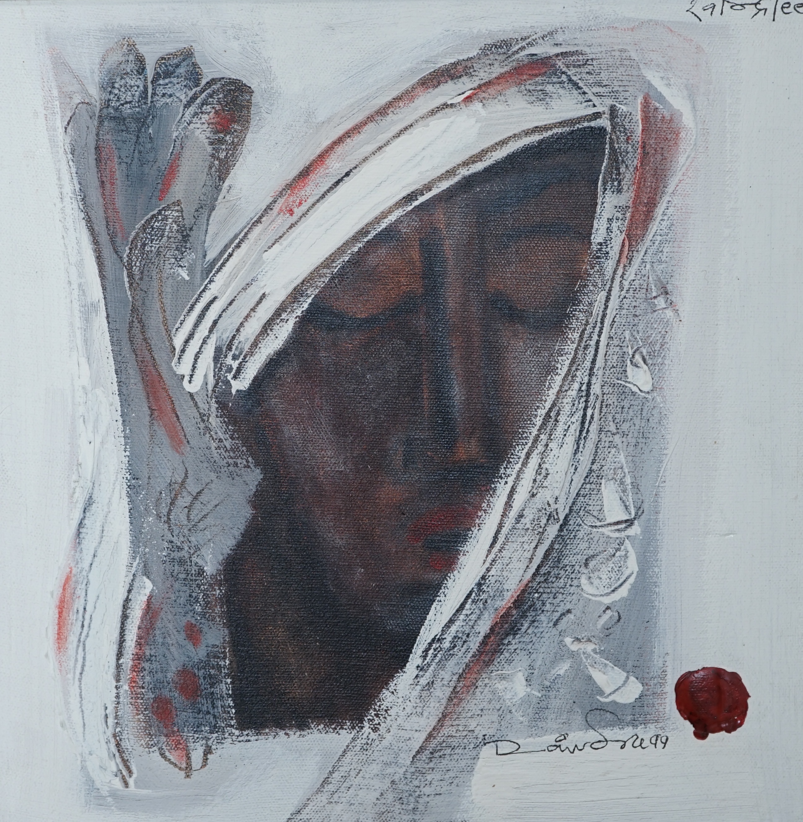 Indian School, oil on canvas, Portrait, various inscriptions verso including ‘Ravindra's Mumbai’, indistinctly signed and dated ‘99, 29 x 29cm. Condition - good